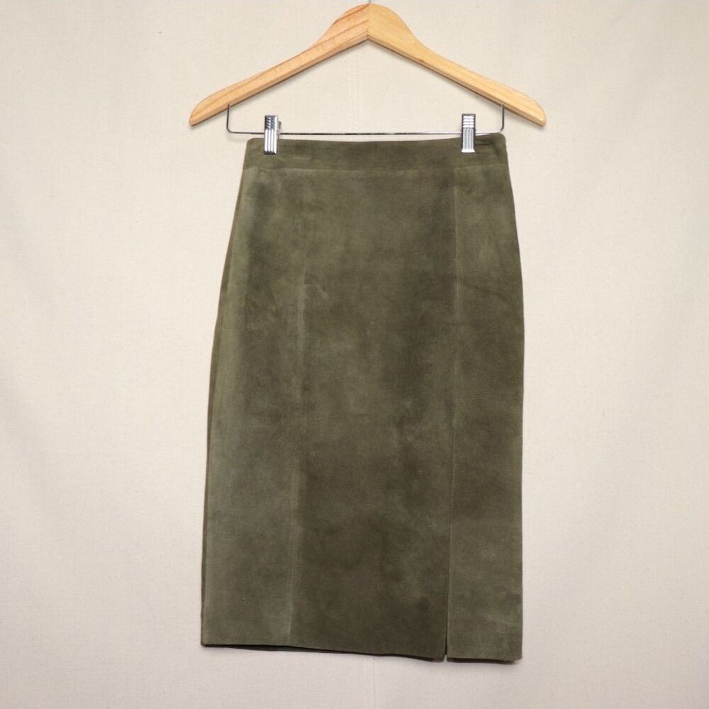 Genuine Leather Suede Midi Skirt Olive